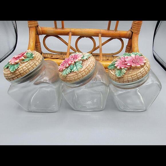 Vintage Retro Set of 3 Tea, Coffee, and Sugar Canisters w/ wicker basket holder - Picture 3 of 8